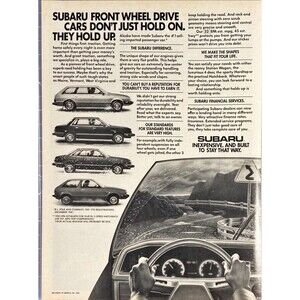 Subaru Front Wheel Drive Cars "Don't Just Hold On-They Hold Up"Vtg Print Ad 1983